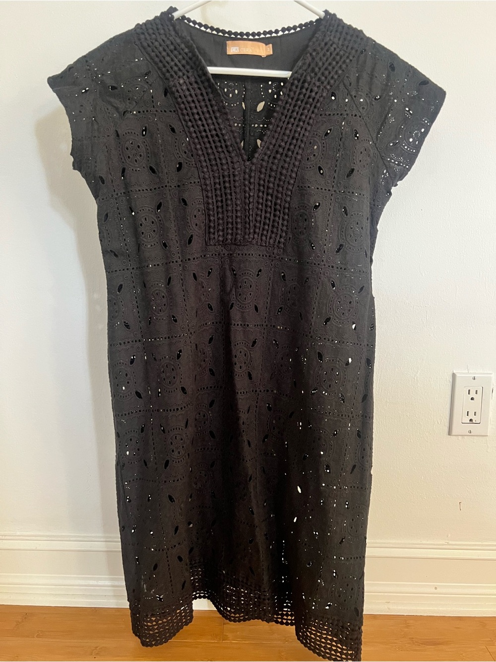 Black Eyelet Midi Dress with V-Neck Detailing